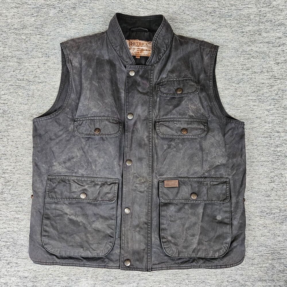 Outback Trading Co Men's Large Overlander Oilskin Waxed Vest Black Flannel Lined